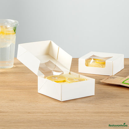 Wholesale Restaurantware Cafe Vision 11 Oz Square White Paper Small Take Out Container - 4" X 4" X 1 1/2"- Bulk