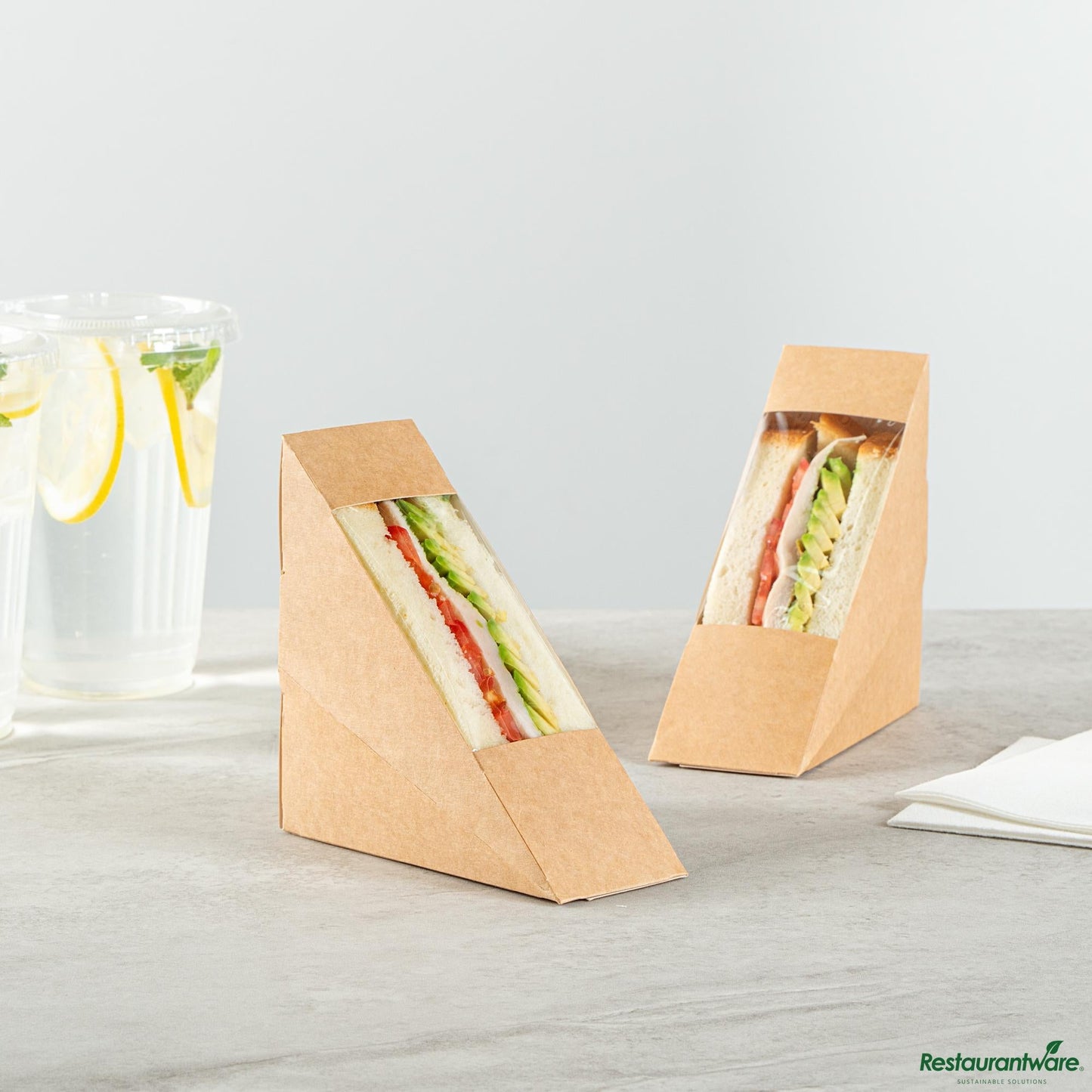Wholesale Restaurantware Cafe Vision Triangle Kraft Paper Small Sandwich Box - 4 3/4" X 4 3/4" X 2"- Bulk