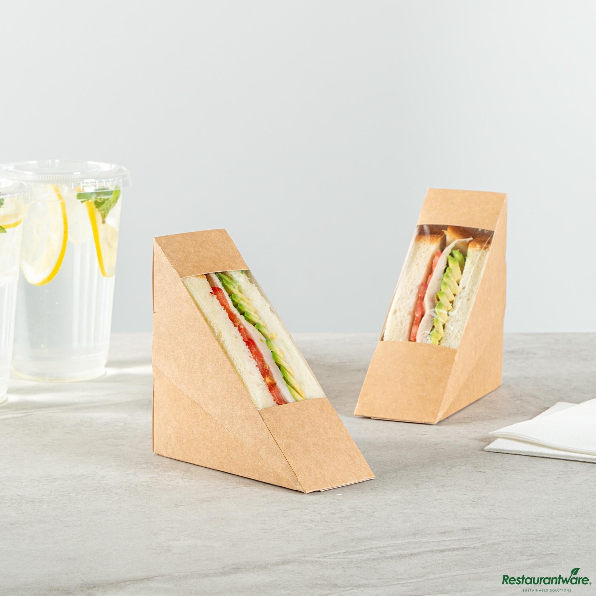 Wholesale Restaurantware Cafe Vision Triangle Kraft Paper Small Sandwich Box - 4 3/4" X 4 3/4" X 2"- Bulk