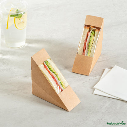 Wholesale Restaurantware Cafe Vision Triangle Kraft Paper Small Sandwich Box - 4 3/4" X 4 3/4" X 2"- Bulk