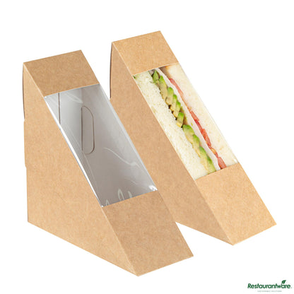 Wholesale Restaurantware Cafe Vision Triangle Kraft Paper Small Sandwich Box - 4 3/4" X 4 3/4" X 2"- Bulk