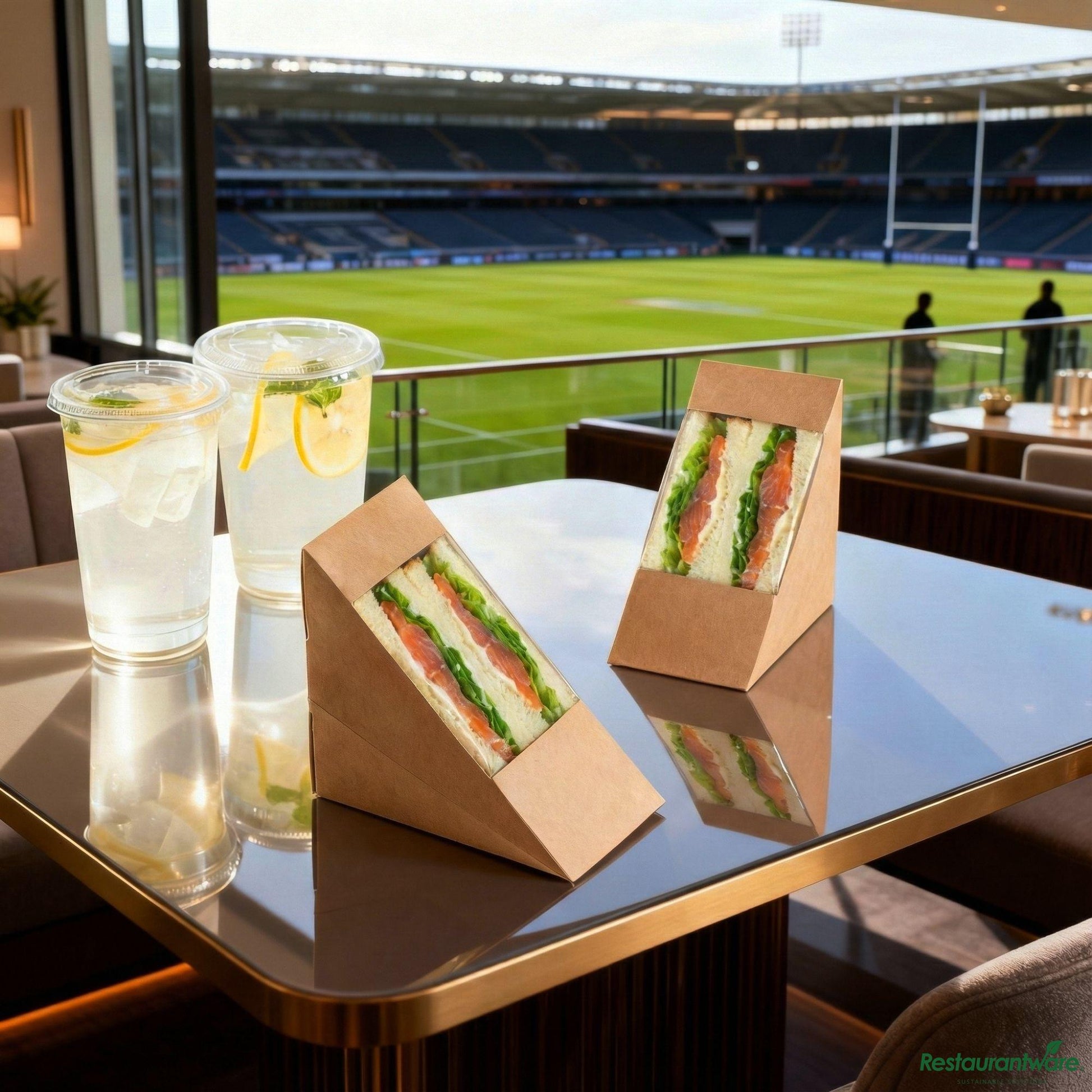 Wholesale Restaurantware Cafe Vision Triangle Kraft Paper Medium Sandwich Box - 4 3/4" X 4 3/4" X 2 3/4"- Bulk