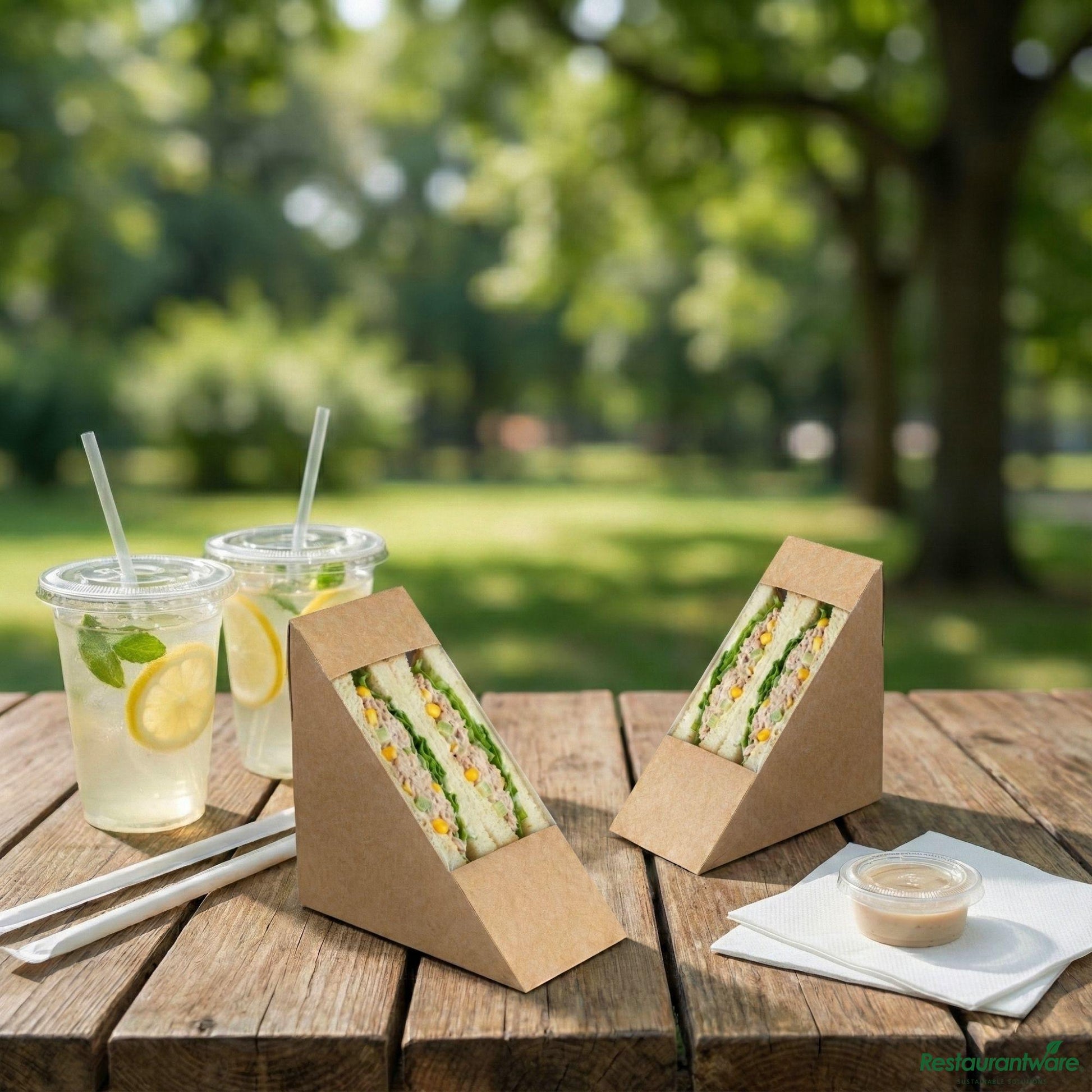 Wholesale Restaurantware Cafe Vision Triangle Kraft Paper Medium Sandwich Box - 4 3/4" X 4 3/4" X 2 3/4"- Bulk