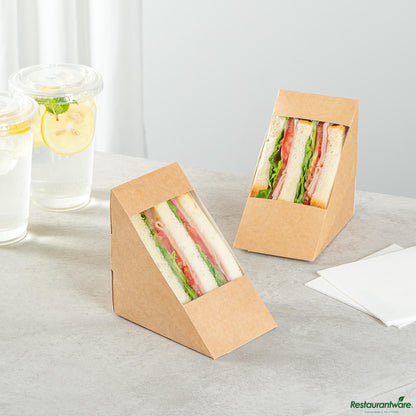 Wholesale Restaurantware Cafe Vision Triangle Kraft Paper Large Sandwich Box - 4 3/4" X 4 3/4" X 3 1/4"- Bulk