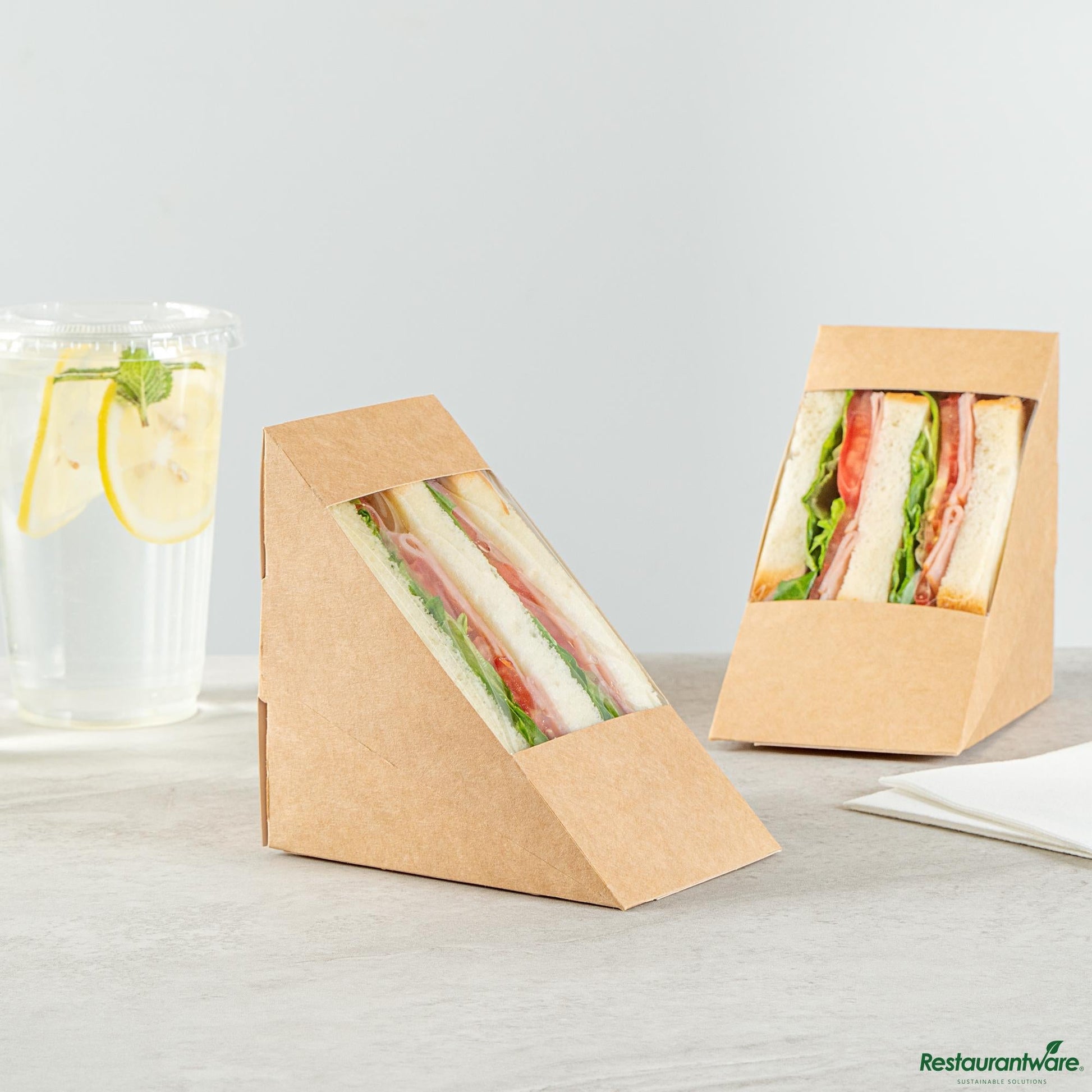 Wholesale Restaurantware Cafe Vision Triangle Kraft Paper Large Sandwich Box - 4 3/4" X 4 3/4" X 3 1/4"- Bulk