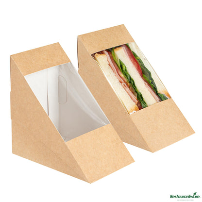 Wholesale Restaurantware Cafe Vision Triangle Kraft Paper Large Sandwich Box - 4 3/4" X 4 3/4" X 3 1/4"- Bulk