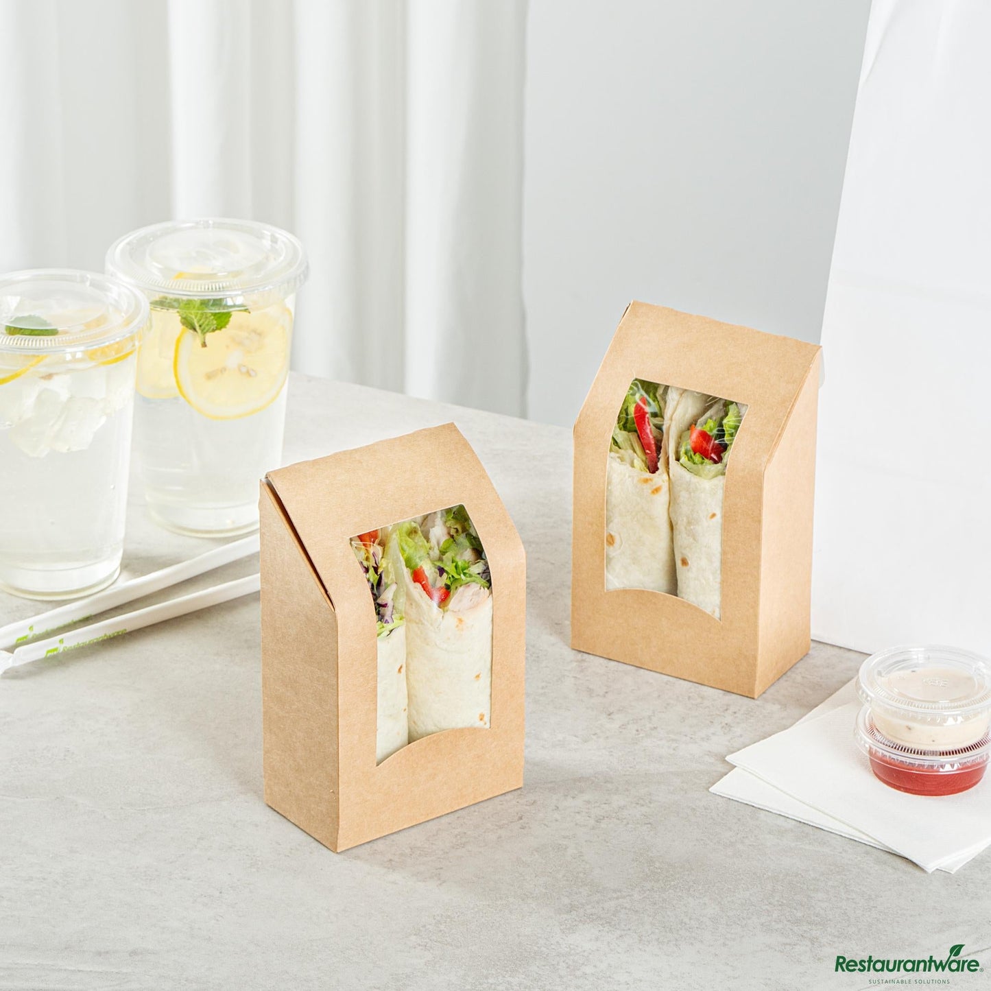 Wholesale Restaurantware Cafe Vision Rectangle Kraft Paper Sandwich / Wrap Take Out Container - Angle Cut - 6" X 3 3/4" X 2"- Bulk
