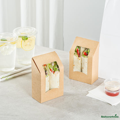Wholesale Restaurantware Cafe Vision Rectangle Kraft Paper Sandwich / Wrap Take Out Container - Angle Cut - 6" X 3 3/4" X 2"- Bulk