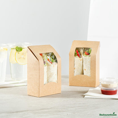 Wholesale Restaurantware Cafe Vision Rectangle Kraft Paper Sandwich / Wrap Take Out Container - Angle Cut - 6" X 3 3/4" X 2"- Bulk