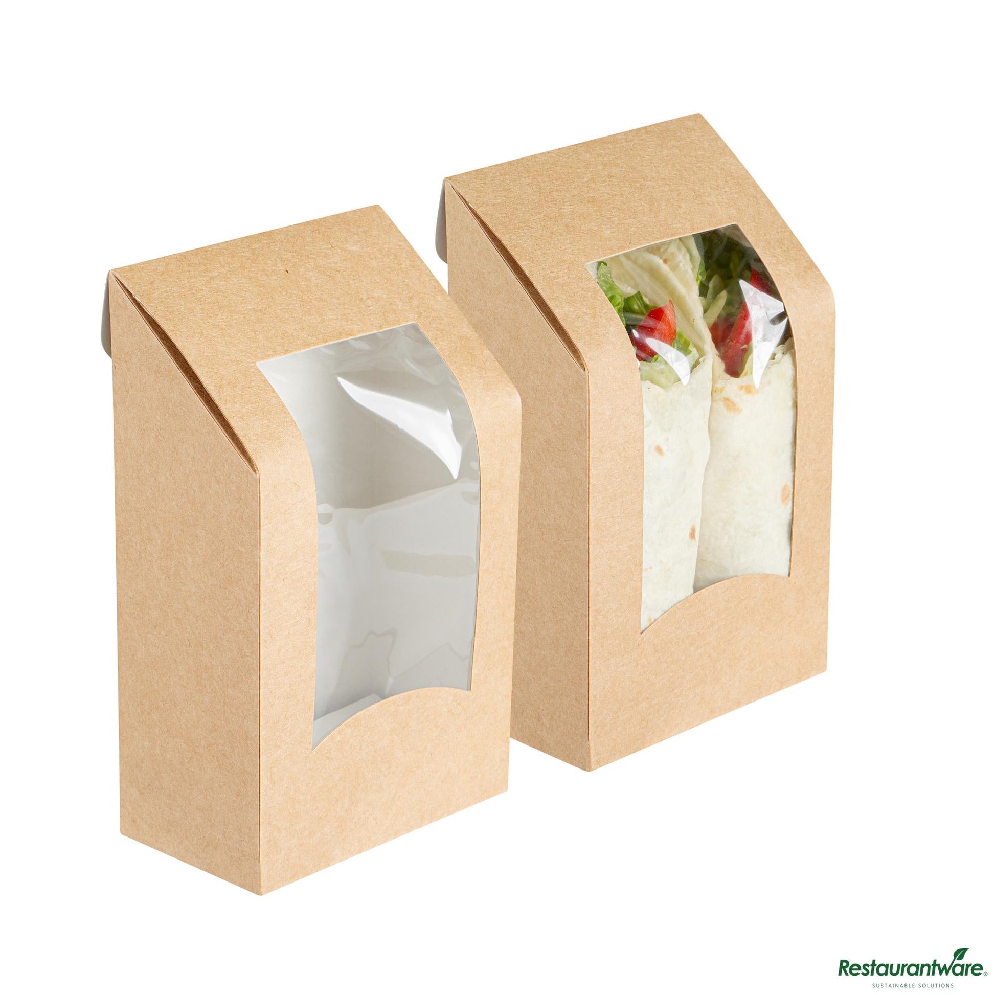 Wholesale Restaurantware Cafe Vision Rectangle Kraft Paper Sandwich / Wrap Take Out Container - Angle Cut - 6" X 3 3/4" X 2"- Bulk