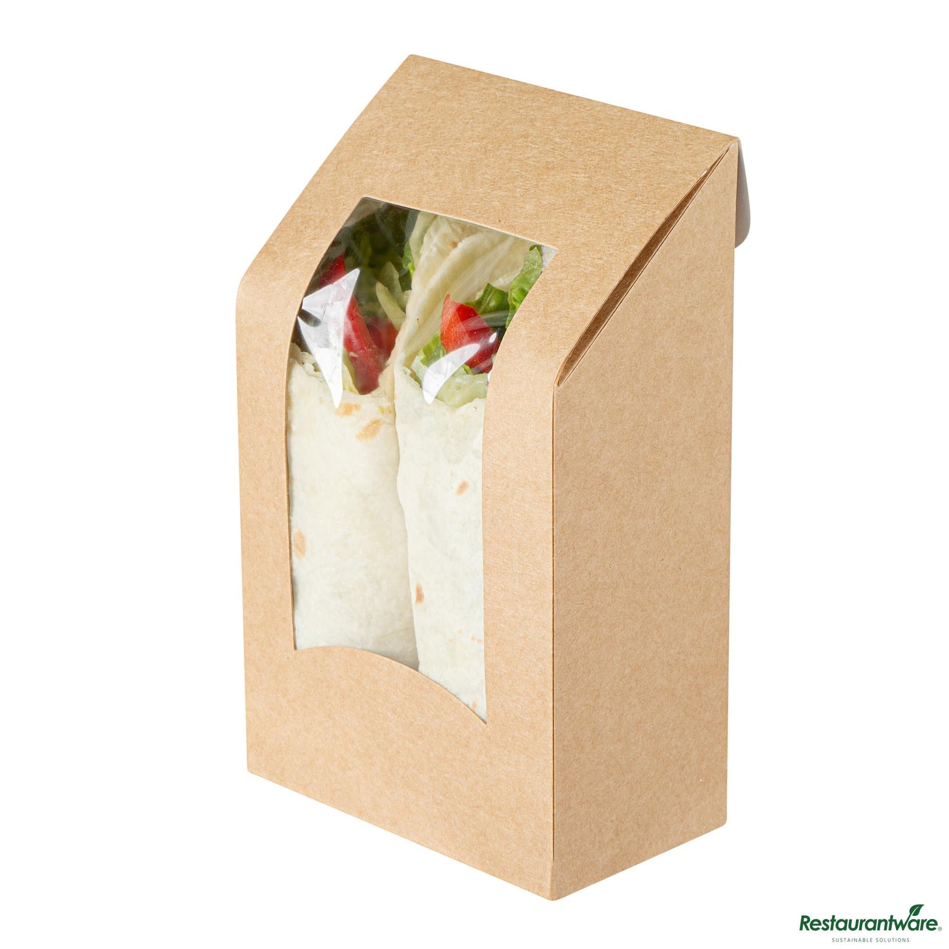 Wholesale Restaurantware Cafe Vision Rectangle Kraft Paper Sandwich / Wrap Take Out Container - Angle Cut - 6" X 3 3/4" X 2"- Bulk