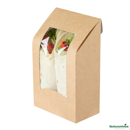 Wholesale Restaurantware Cafe Vision Rectangle Kraft Paper Sandwich / Wrap Take Out Container - Angle Cut - 6" X 3 3/4" X 2"- Bulk