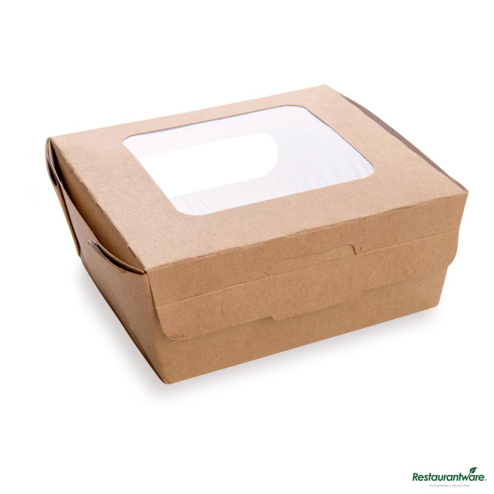 Wholesale Restaurantware Cafe Vision 41 Oz Rectangle Kraft Paper Large Bio Lunch Box - Two Windows - 5 1/4" X 6" X 2 1/2"- Bulk