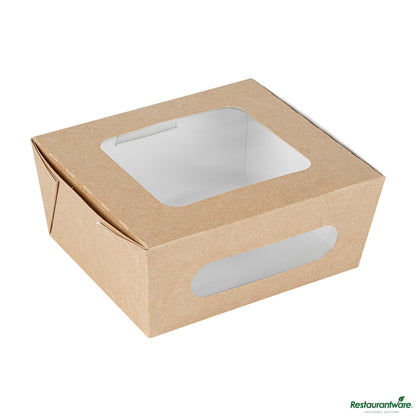 Wholesale Restaurantware Cafe Vision 41 Oz Rectangle Kraft Paper Large Bio Lunch Box - Two Windows - 5 1/4" X 6" X 2 1/2"- Bulk
