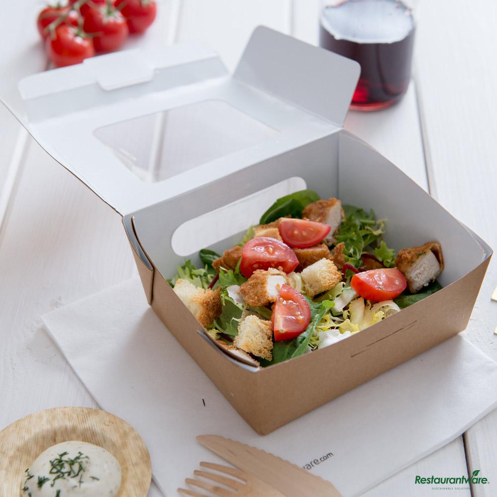Wholesale Restaurantware Cafe Vision 41 Oz Rectangle Kraft Paper Large Bio Lunch Box - Two Windows - 5 1/4" X 6" X 2 1/2"- Bulk