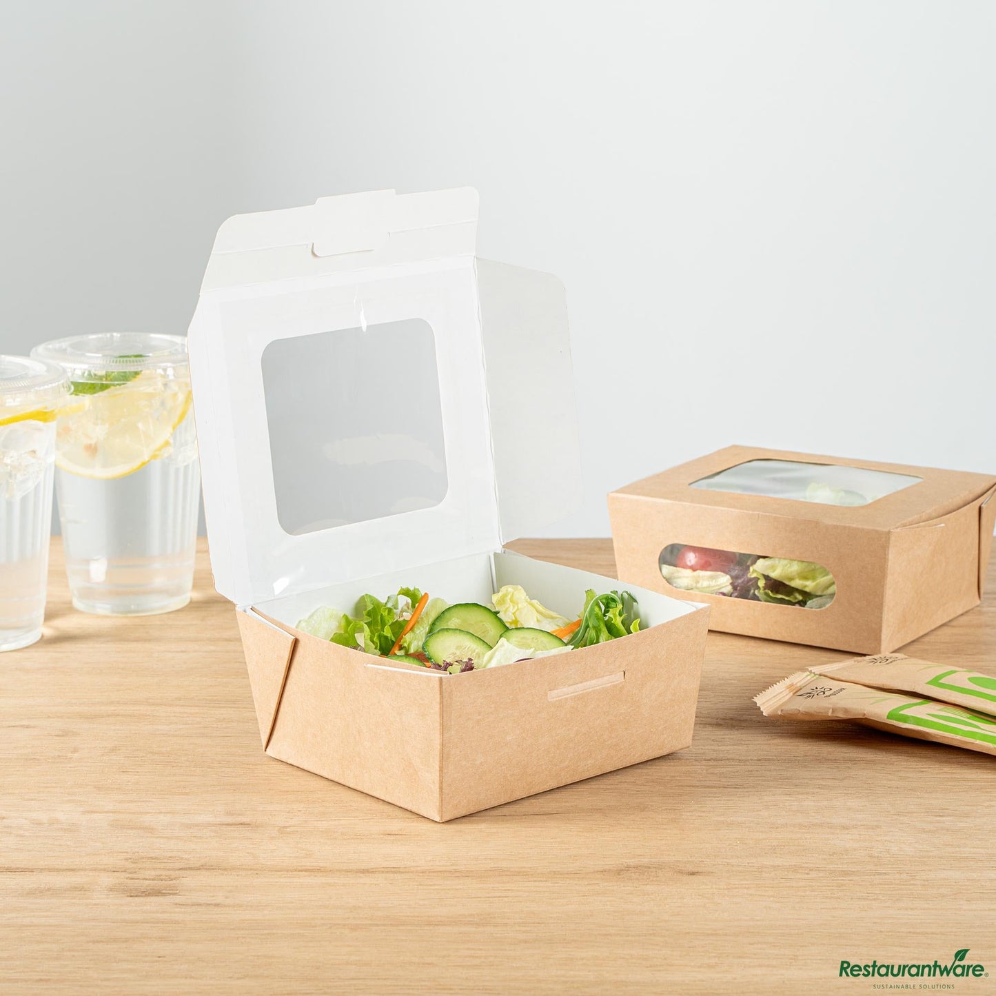 Wholesale Restaurantware Cafe Vision 41 Oz Rectangle Kraft Paper Large Bio Lunch Box - Two Windows - 5 1/4" X 6" X 2 1/2"- Bulk