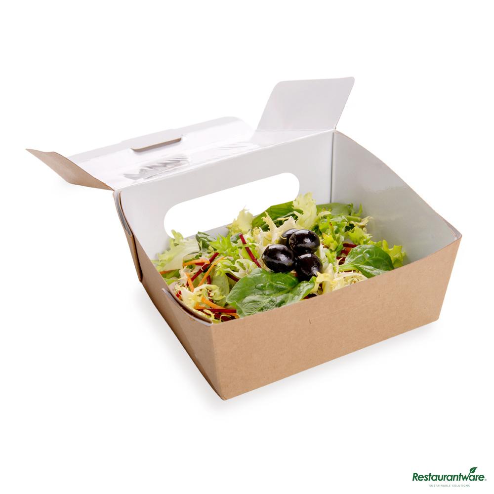 Wholesale Restaurantware Cafe Vision 41 Oz Rectangle Kraft Paper Large Bio Lunch Box - Two Windows - 5 1/4" X 6" X 2 1/2"- Bulk