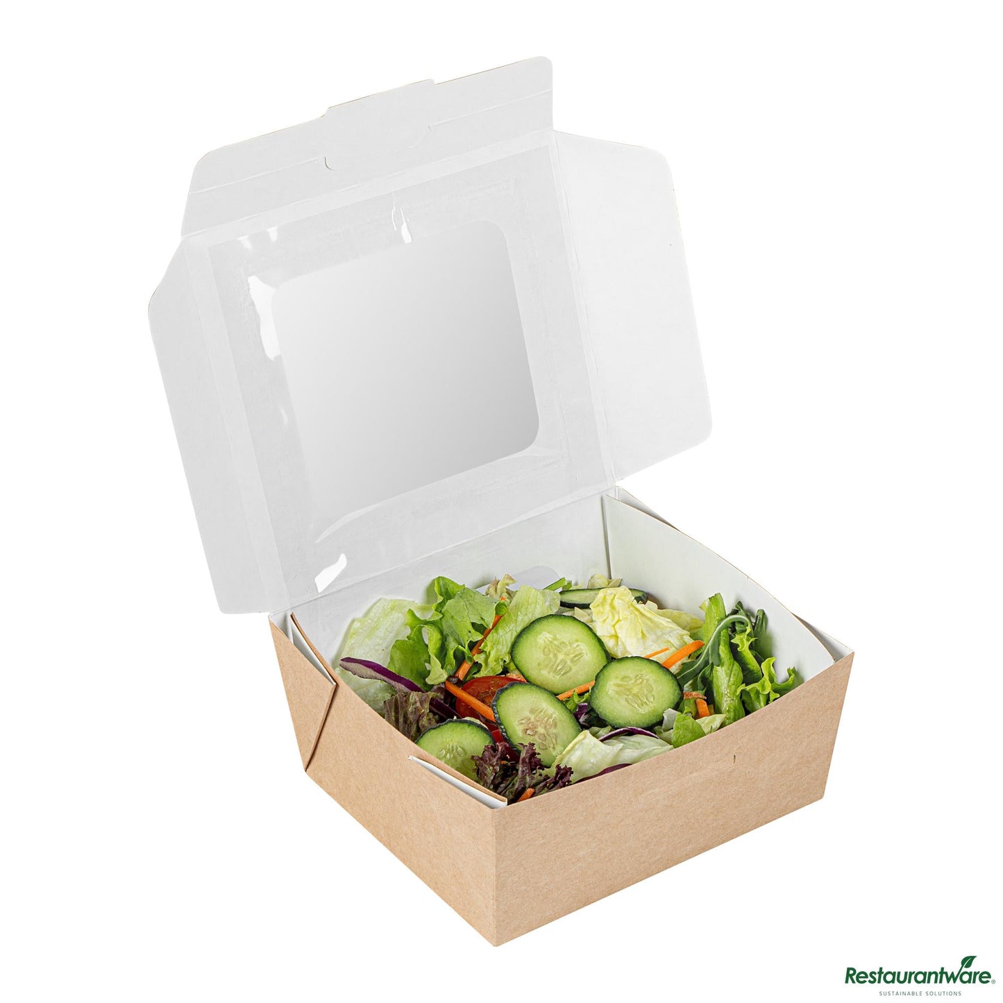 Wholesale Restaurantware Cafe Vision 41 Oz Rectangle Kraft Paper Large Bio Lunch Box - Two Windows - 5 1/4" X 6" X 2 1/2"- Bulk