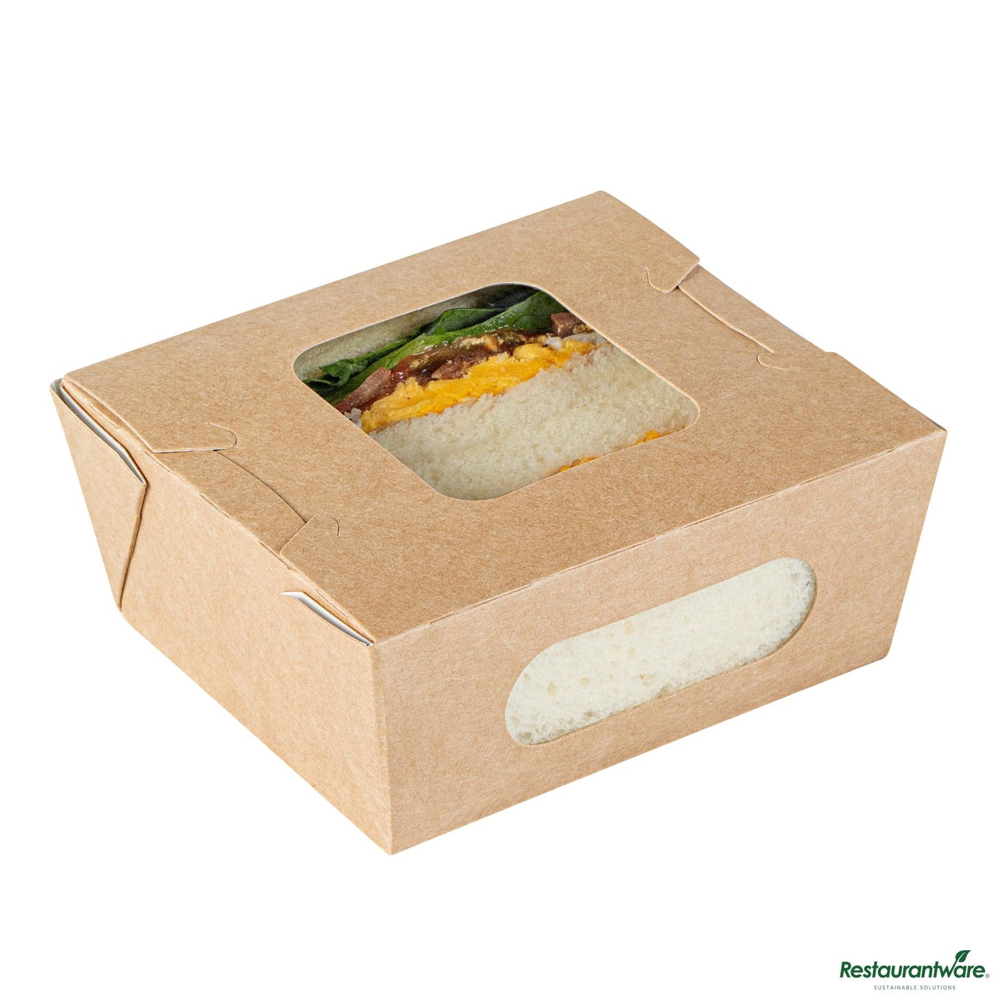 Wholesale Restaurantware Cafe Vision 12 Oz Rectangle Kraft Paper Mini Bio Lunch Box - Two Windows - 4 1/4" X 3 3/4" X 1 3/4"- Bulk