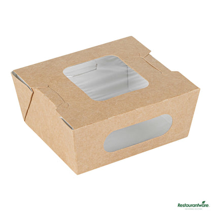 Wholesale Restaurantware Cafe Vision 12 Oz Rectangle Kraft Paper Mini Bio Lunch Box - Two Windows - 4 1/4" X 3 3/4" X 1 3/4"- Bulk