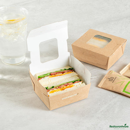 Wholesale Restaurantware Cafe Vision 12 Oz Rectangle Kraft Paper Mini Bio Lunch Box - Two Windows - 4 1/4" X 3 3/4" X 1 3/4"- Bulk