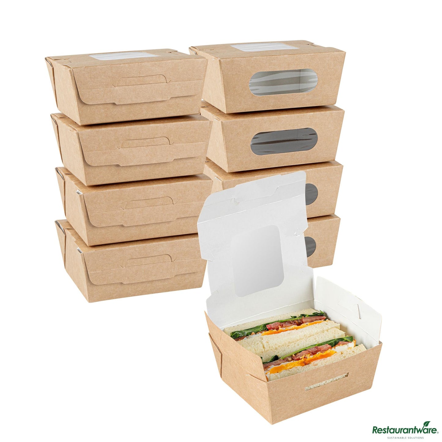 Wholesale Restaurantware Cafe Vision 12 Oz Rectangle Kraft Paper Mini Bio Lunch Box - Two Windows - 4 1/4" X 3 3/4" X 1 3/4"- Bulk