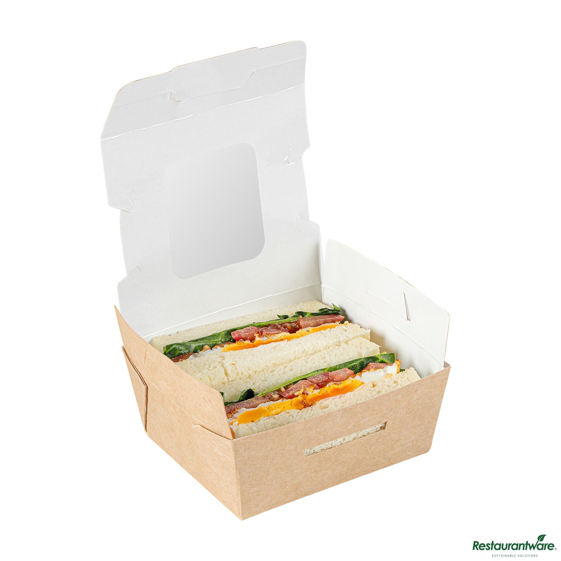 Wholesale Restaurantware Cafe Vision 12 Oz Rectangle Kraft Paper Mini Bio Lunch Box - Two Windows - 4 1/4" X 3 3/4" X 1 3/4"- Bulk