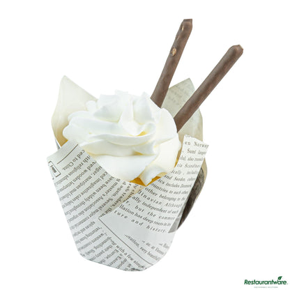 Wholesale Restaurantware Panificio 2 Oz Petal Newsprint Paper Tall Baking Cup - 3 1/4" X 3 1/4" X 3 1/4"- Bulk