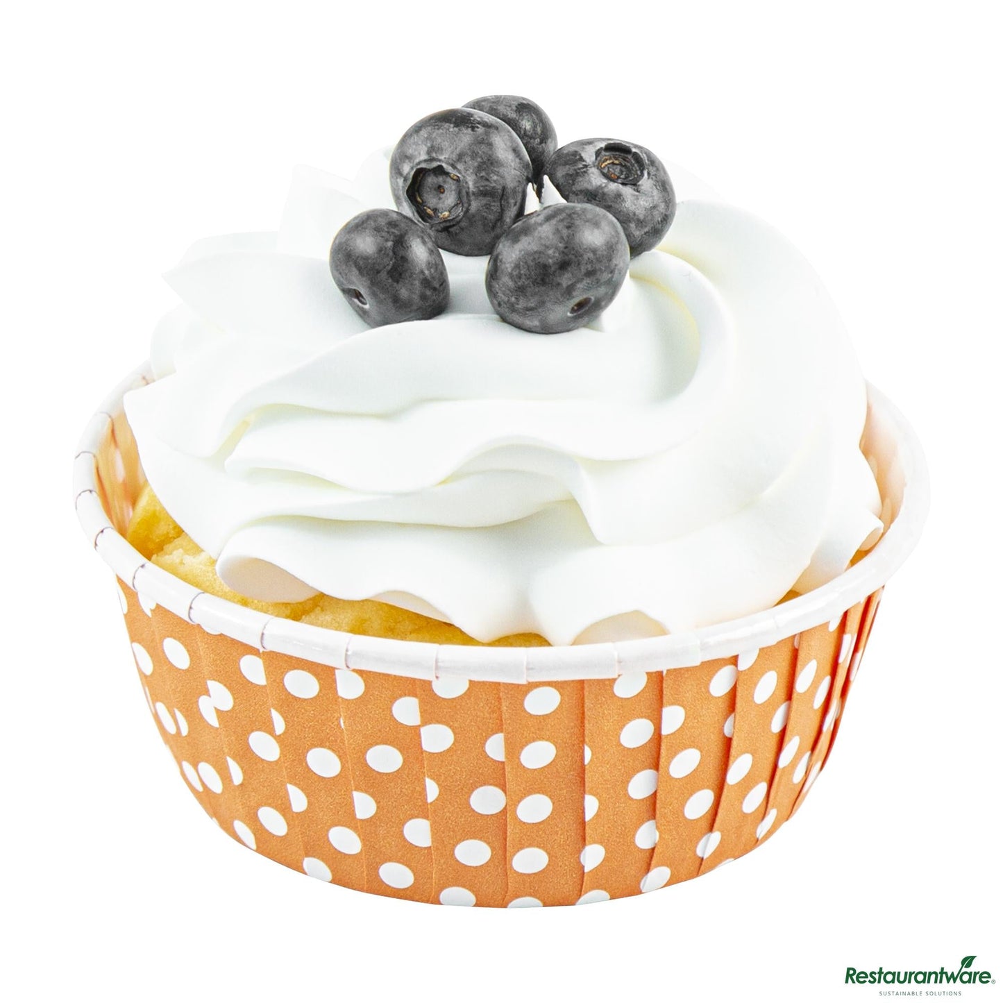 Wholesale Restaurantware Panificio 5 Oz Round Polka-Dotted Hot Orange Paper Large Baking Cup - Pleated - 3 3/4" X 3 3/4" X 1 1/2"- Bulk