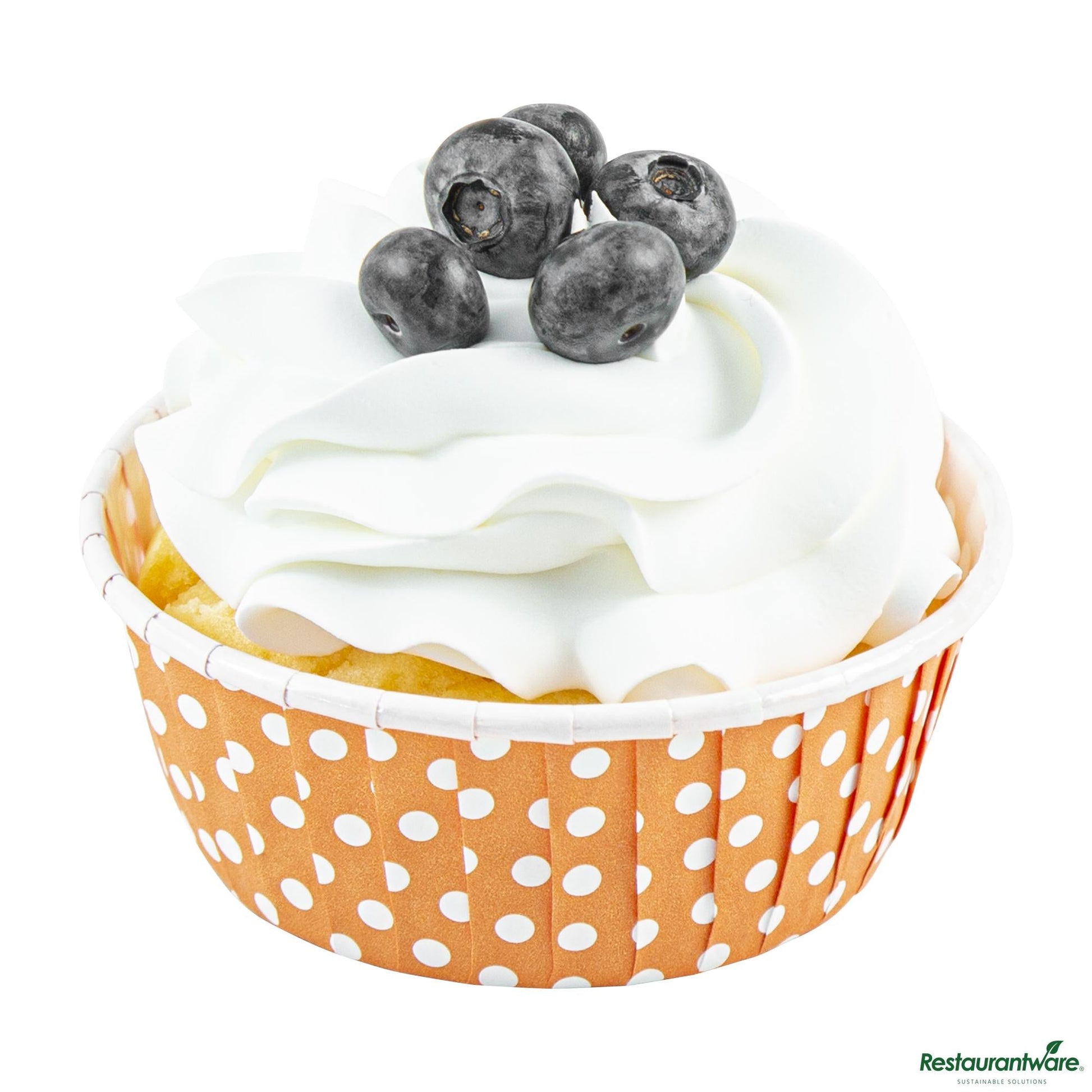 Wholesale Restaurantware Panificio 5 Oz Round Polka-Dotted Hot Orange Paper Large Baking Cup - Pleated - 3 3/4" X 3 3/4" X 1 1/2"- Bulk