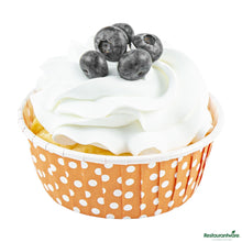 Wholesale Restaurantware Panificio 5 Oz Round Polka-Dotted Hot Orange Paper Large Baking Cup - Pleated - 3 3/4" X 3 3/4" X 1 1/2"- Bulk