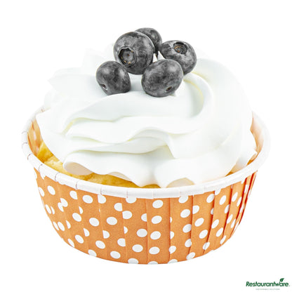 Wholesale Restaurantware Panificio 5 Oz Round Polka-Dotted Hot Orange Paper Large Baking Cup - Pleated - 3 3/4" X 3 3/4" X 1 1/2"- Bulk