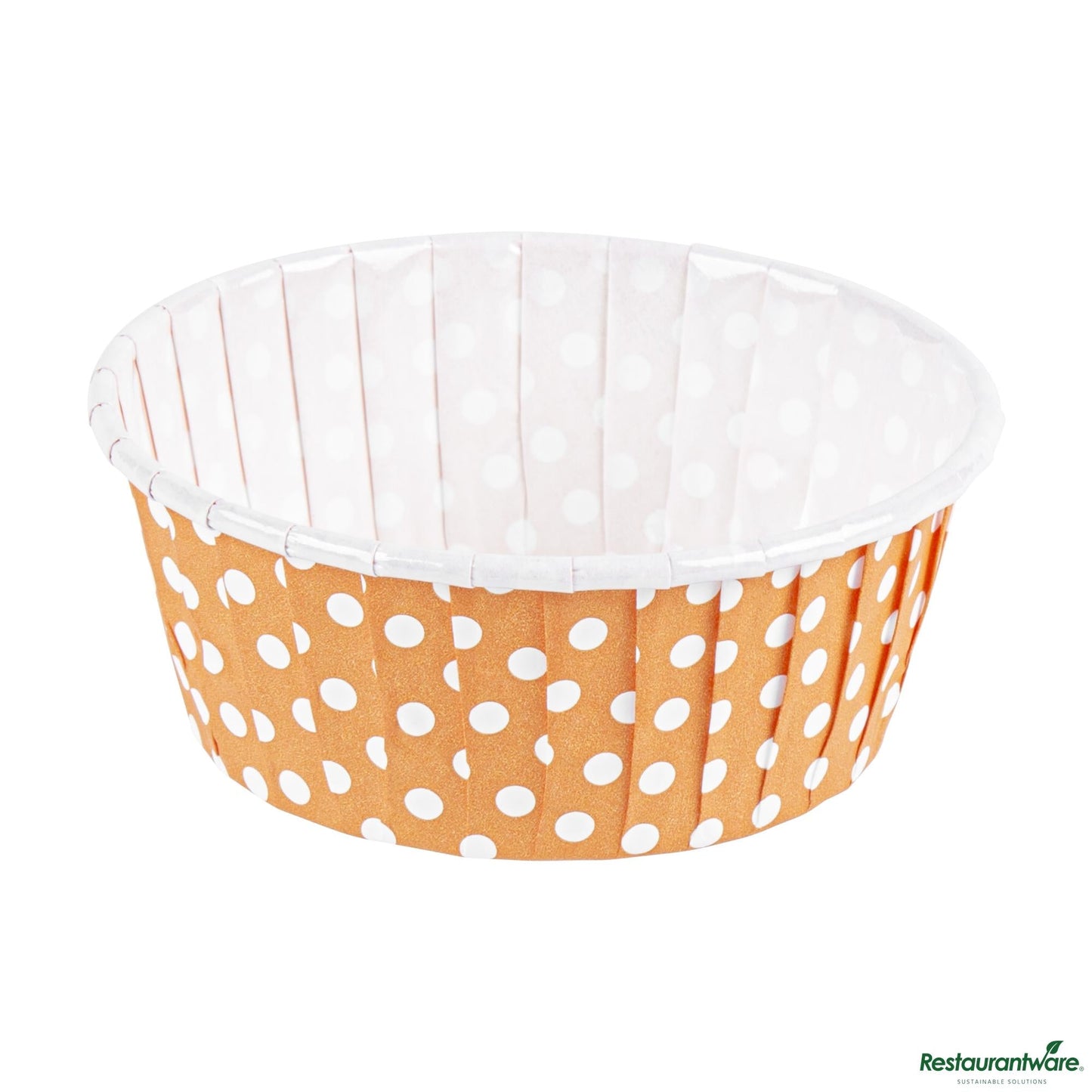 Wholesale Restaurantware Panificio 5 Oz Round Polka-Dotted Hot Orange Paper Large Baking Cup - Pleated - 3 3/4" X 3 3/4" X 1 1/2"- Bulk