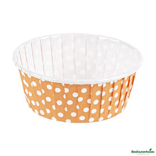 Wholesale Restaurantware Panificio 5 Oz Round Polka-Dotted Hot Orange Paper Large Baking Cup - Pleated - 3 3/4" X 3 3/4" X 1 1/2"- Bulk