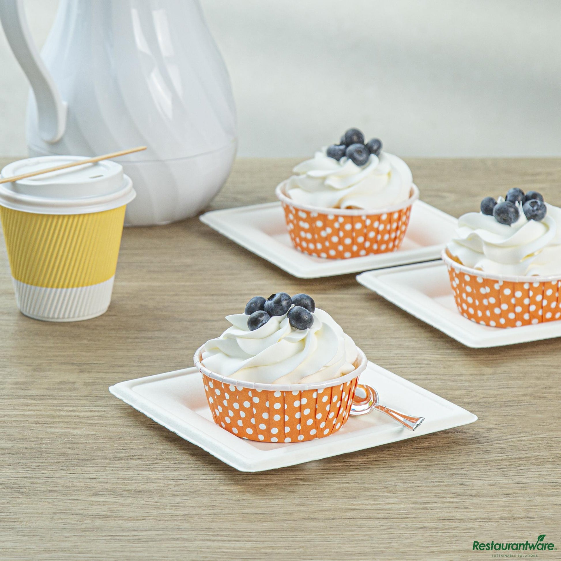 Wholesale Restaurantware Panificio 5 Oz Round Polka-Dotted Hot Orange Paper Large Baking Cup - Pleated - 3 3/4" X 3 3/4" X 1 1/2"- Bulk