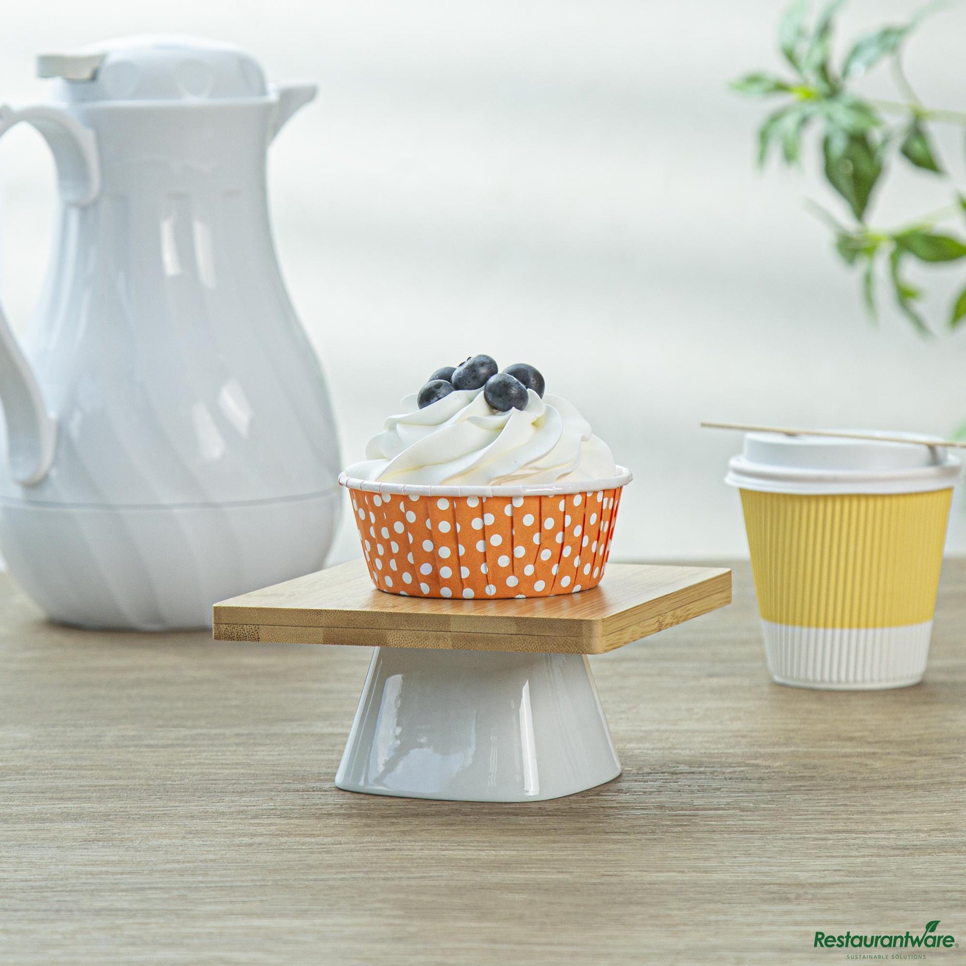 Wholesale Restaurantware Panificio 5 Oz Round Polka-Dotted Hot Orange Paper Large Baking Cup - Pleated - 3 3/4" X 3 3/4" X 1 1/2"- Bulk