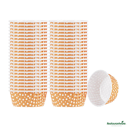 Wholesale Restaurantware Panificio 5 Oz Round Polka-Dotted Hot Orange Paper Large Baking Cup - Pleated - 3 3/4" X 3 3/4" X 1 1/2"- Bulk