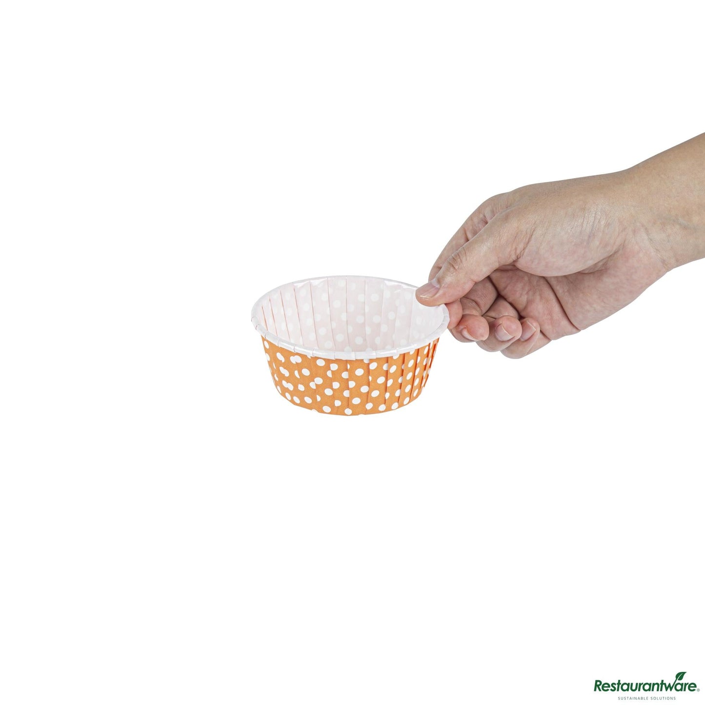 Wholesale Restaurantware Panificio 5 Oz Round Polka-Dotted Hot Orange Paper Large Baking Cup - Pleated - 3 3/4" X 3 3/4" X 1 1/2"- Bulk