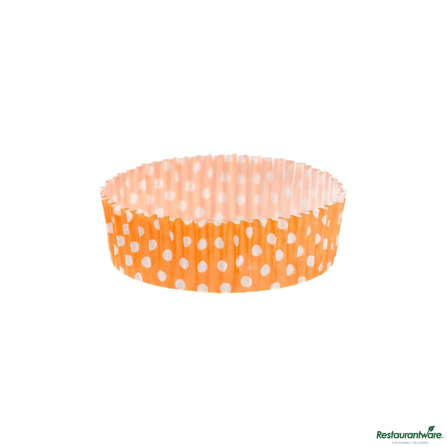 Restaurantware Panificio 4 Oz Round Polka-Dotted Hot Orange Paper Baking Cup - Ridged - 3 1/2" X 3 1/2" X 1"