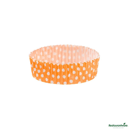 Restaurantware Panificio 4 Oz Round Polka-Dotted Hot Orange Paper Baking Cup - Ridged - 3 1/2" X 3 1/2" X 1"