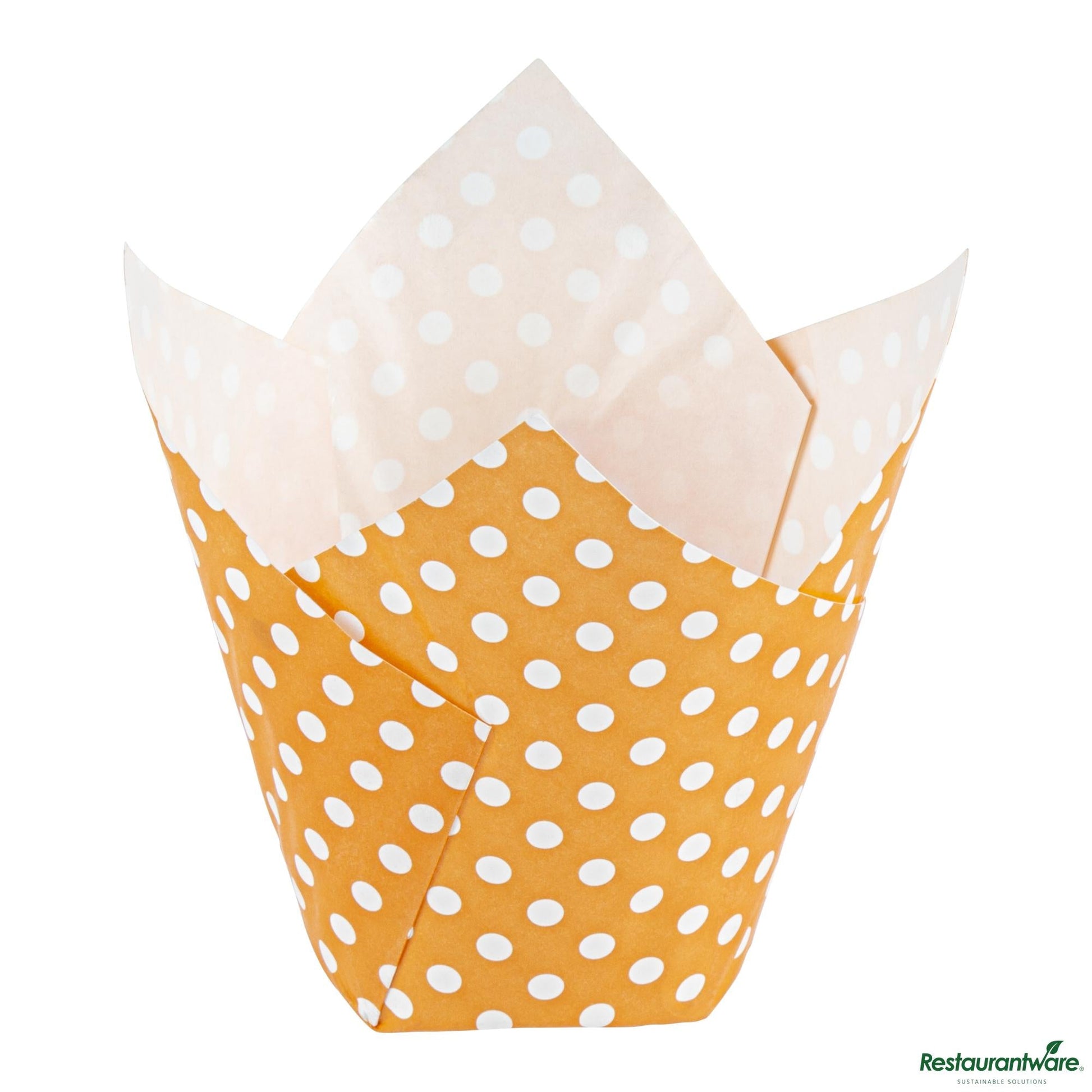 Wholesale Restaurantware Panificio 2 Oz Petal Polka-Dotted Hot Orange Paper Tall Baking Cup - 3 1/4" X 3 1/4" X 3 1/2"- Bulk