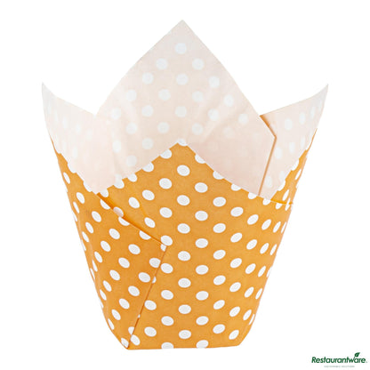 Wholesale Restaurantware Panificio 2 Oz Petal Polka-Dotted Hot Orange Paper Tall Baking Cup - 3 1/4" X 3 1/4" X 3 1/2"- Bulk