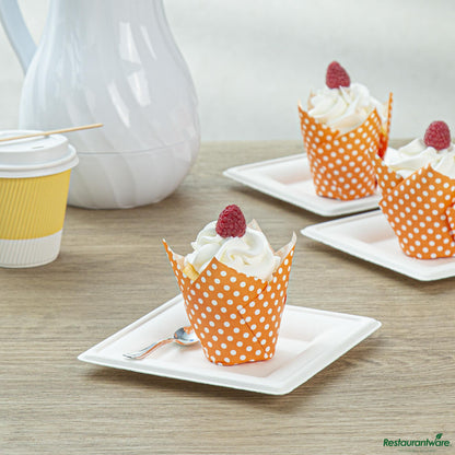 Wholesale Restaurantware Panificio 2 Oz Petal Polka-Dotted Hot Orange Paper Tall Baking Cup - 3 1/4" X 3 1/4" X 3 1/2"- Bulk