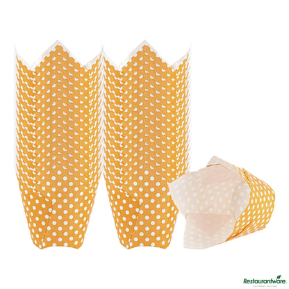 Wholesale Restaurantware Panificio 2 Oz Petal Polka-Dotted Hot Orange Paper Tall Baking Cup - 3 1/4" X 3 1/4" X 3 1/2"- Bulk