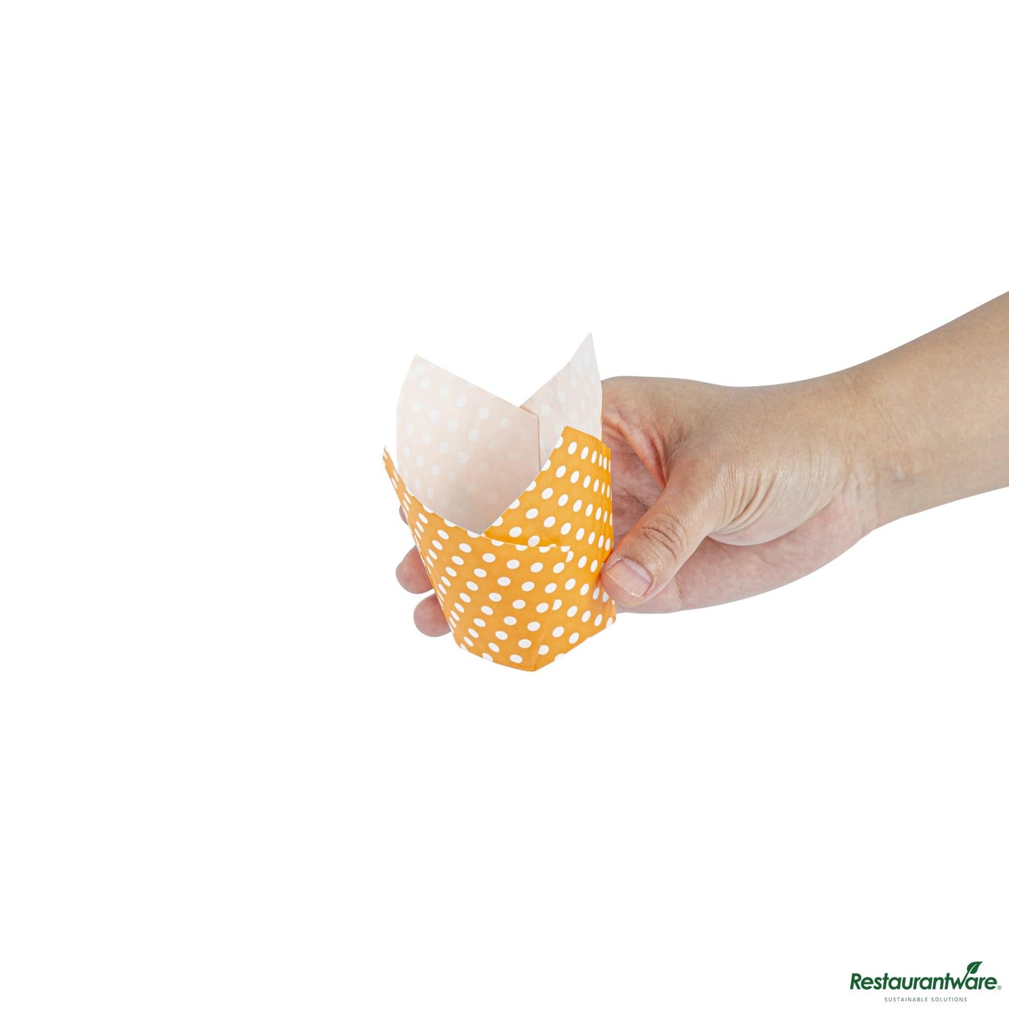 Wholesale Restaurantware Panificio 2 Oz Petal Polka-Dotted Hot Orange Paper Tall Baking Cup - 3 1/4" X 3 1/4" X 3 1/2"- Bulk