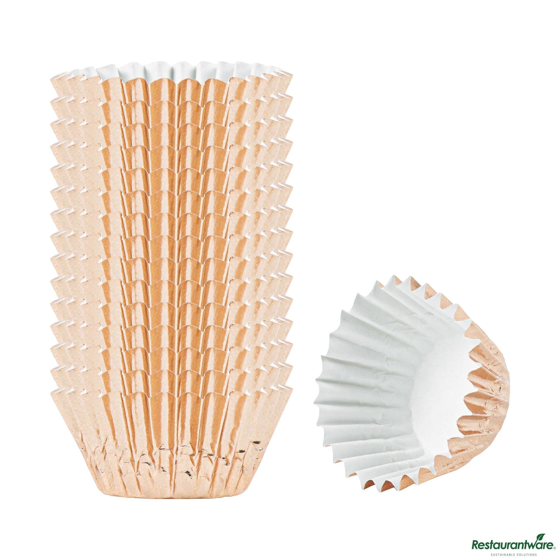 Wholesale Restaurantware 0.4 Oz Round Metallic Rose Gold Paper Baking Cup - Foil-Coated - 1 1/4" X 1 1/4" X 3/4"- Bulk