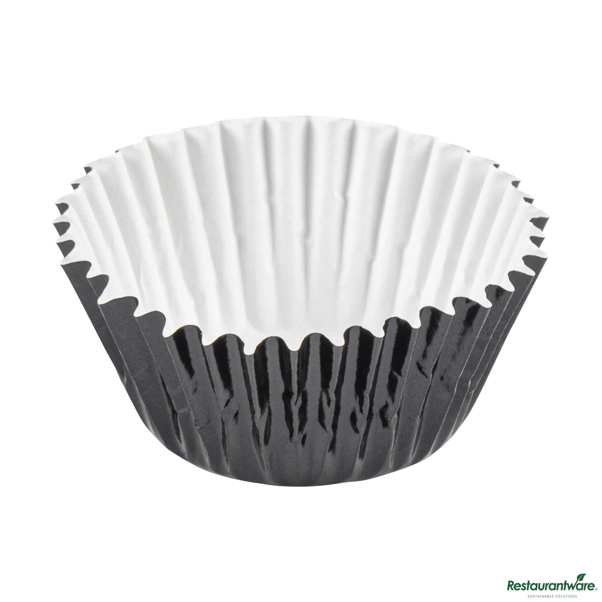Wholesale Restaurantware 0.4 Oz Round Metallic Black Paper Baking Cup - Foil-Coated - 1 1/4" X 1 1/4" X 3/4"- Bulk