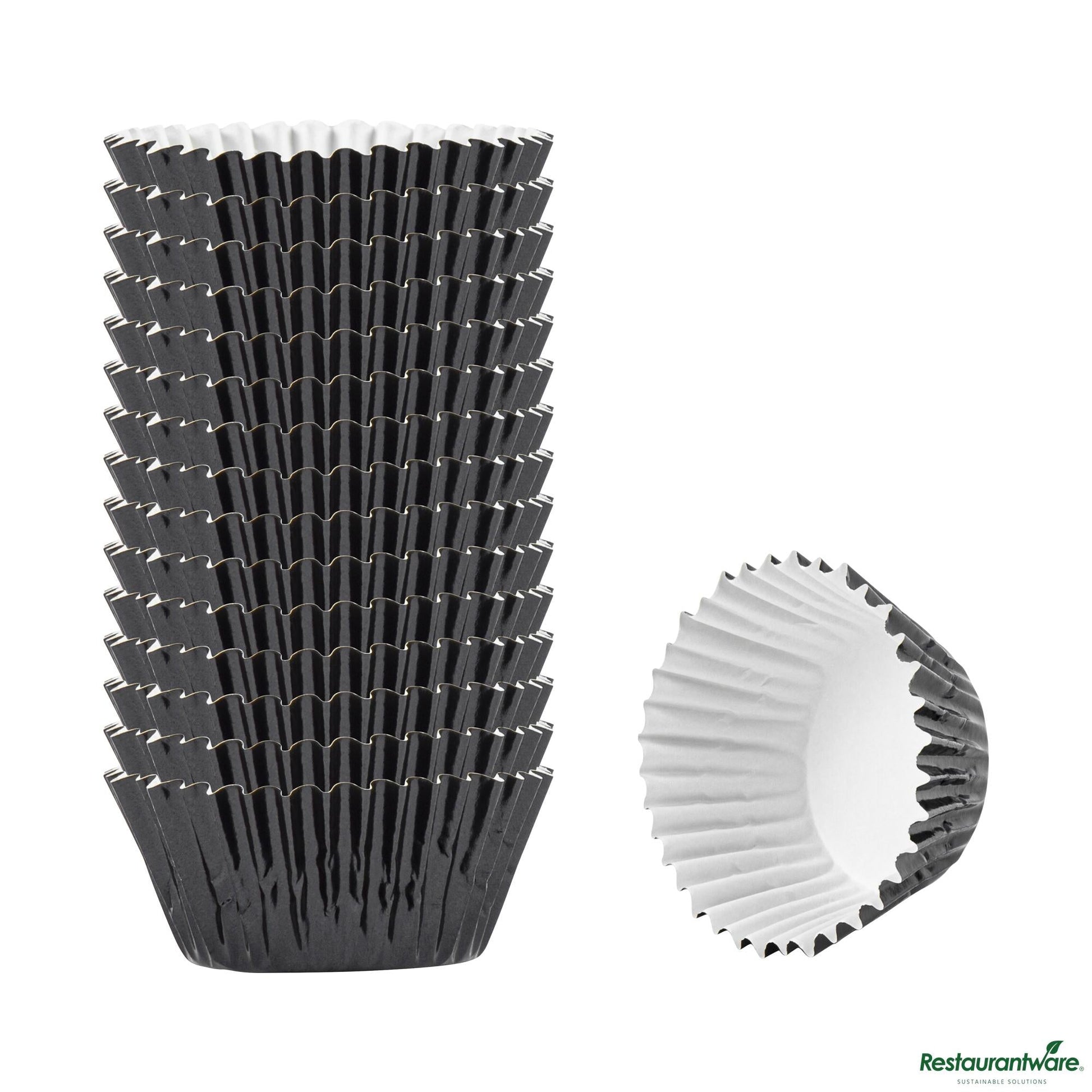 Wholesale Restaurantware 0.4 Oz Round Metallic Black Paper Baking Cup - Foil-Coated - 1 1/4" X 1 1/4" X 3/4"- Bulk