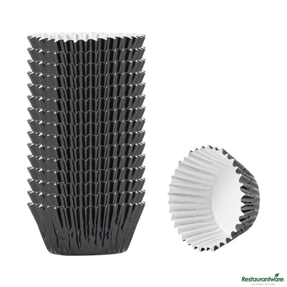 Wholesale Restaurantware 0.4 Oz Round Metallic Black Paper Baking Cup - Foil-Coated - 1 1/4" X 1 1/4" X 3/4"- Bulk