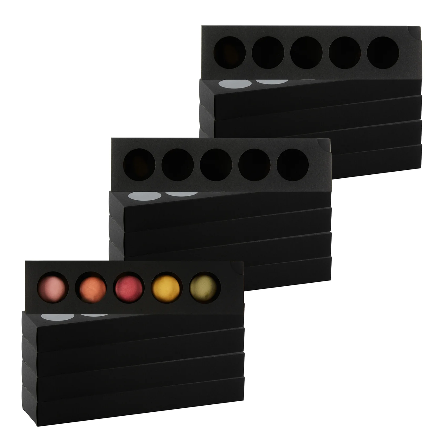 Wholesale Restaurantware Valentino Rectangle Black Paper Macaron Box - Holds 5 Macarons - 12" X 3" X 1 1/2"- Bulk